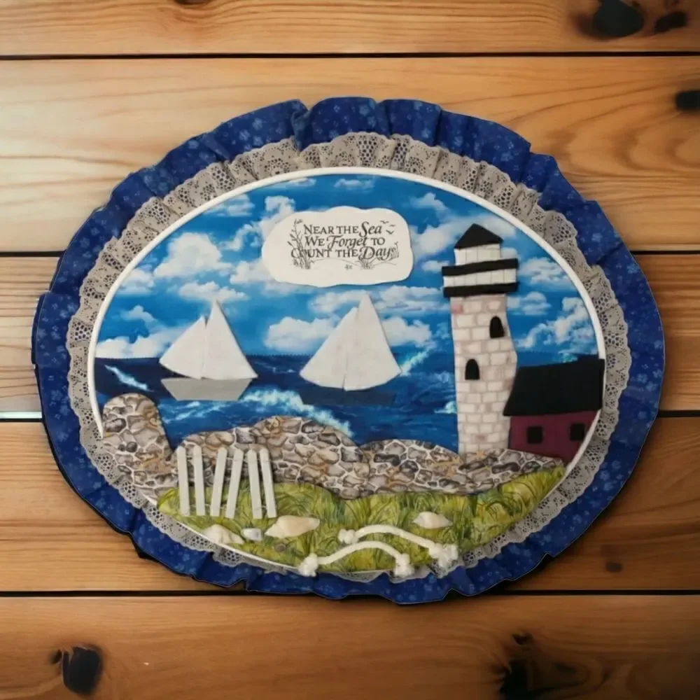 Vtg‎ Handmade Beach Wall Art Near The Sea Quilted Shells Lighthouse Beach House.